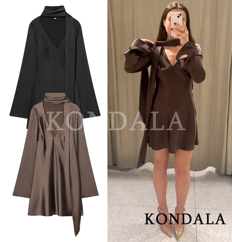 KONDALA Damen-Kleid, elegant, Satin, kurzes Kleid, Schalkragen, schmales Kleid, 2025, Herbstmode, Partykleid, Damen, V-Ausschnitt, schokoladenbraunes Kleid