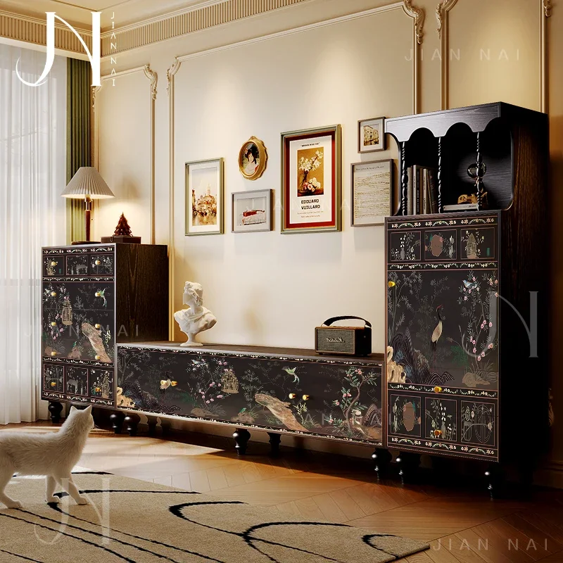 

TAO French TV cabinet peacock flower bird living room solid wood hall cabinet storage integrated bedroom bedside decoration