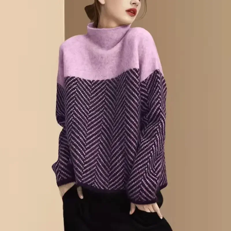Women Turtleneck Sweater Vintage Patchwork Autumn Winter Knitted Tops Casual Loose Pullovers Korean Fashion Simple Jumpers