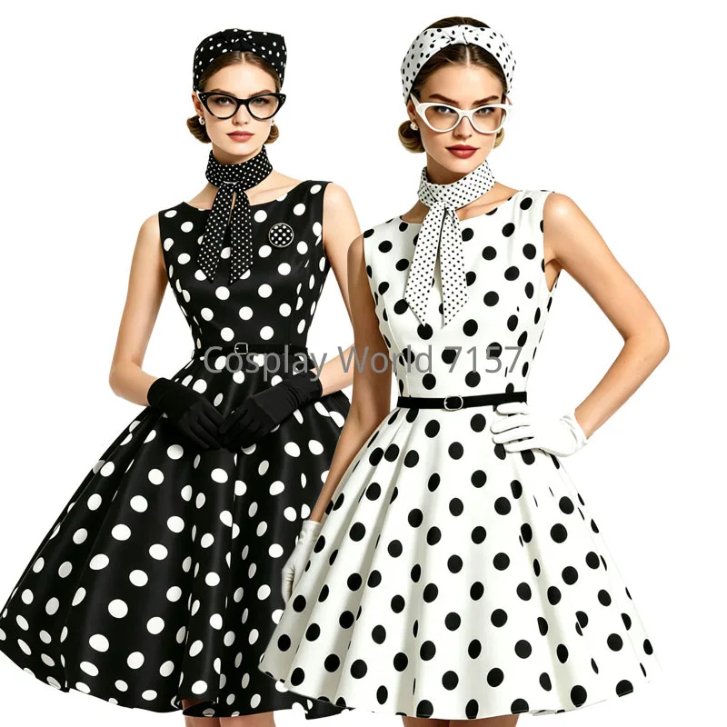 Conjunto de Vestido Vintage de los Años 50 para Mujer, Vestido Retro Rockabilly con Estampado de Puntos Blancos y Negros, con Accesorios, Disfraz de Fiesta Vintage