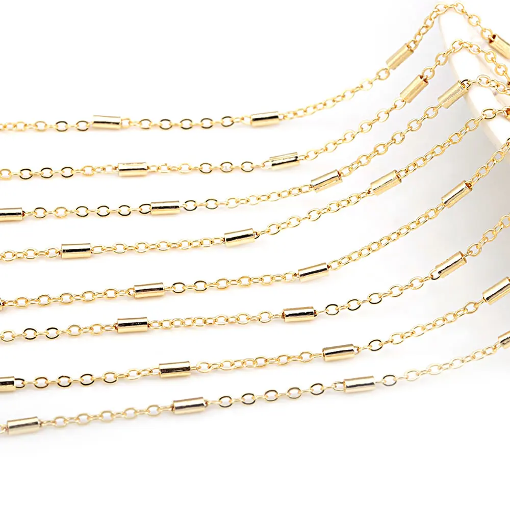 1.6MM High Quality 18K Gold Color Copper Round O Shape Link with Rectangle Tube Chains Necklace Chains Making Materials