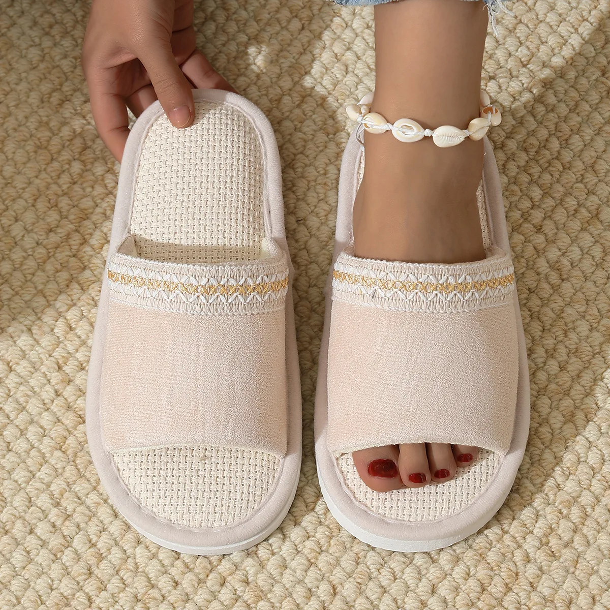 New lace ethnic style fashion women's shoes half-drag cotton shoes spot autumn and winter indoor linen slippers