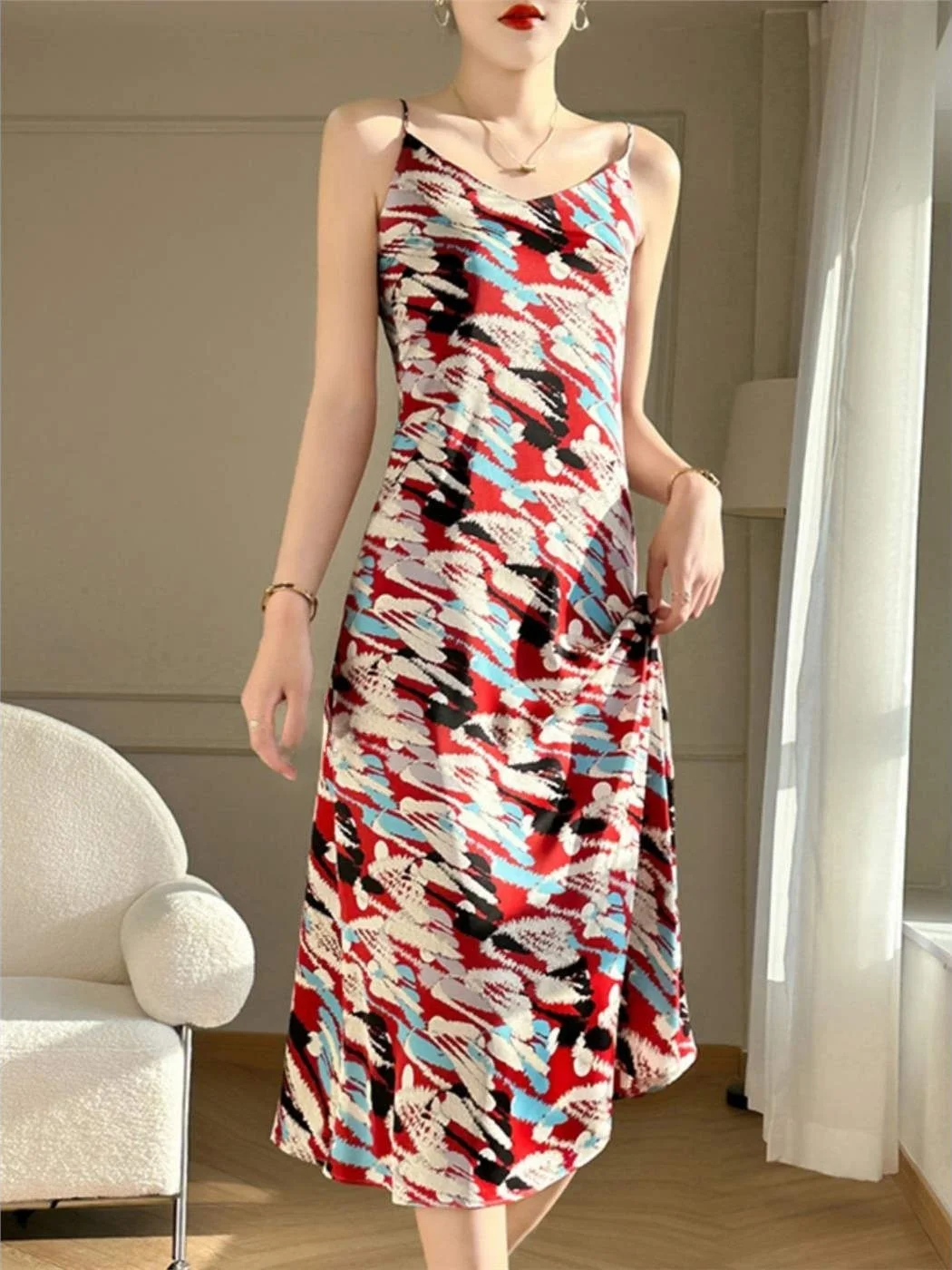 Acetato di seta Raso Stampa floreale V-Ne Dr Gonna versatile da donna Pendolarismo Vita alta A-Line Lungo Svel Estate Nuovo Arr...