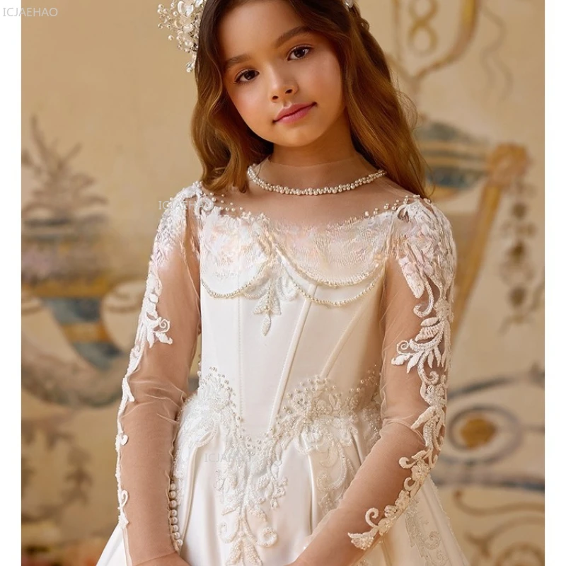 New Girls Satin Princess Party Dress Children Evening Gown for Host Piano Celebration Dresses Performance Kids Pageant Formal