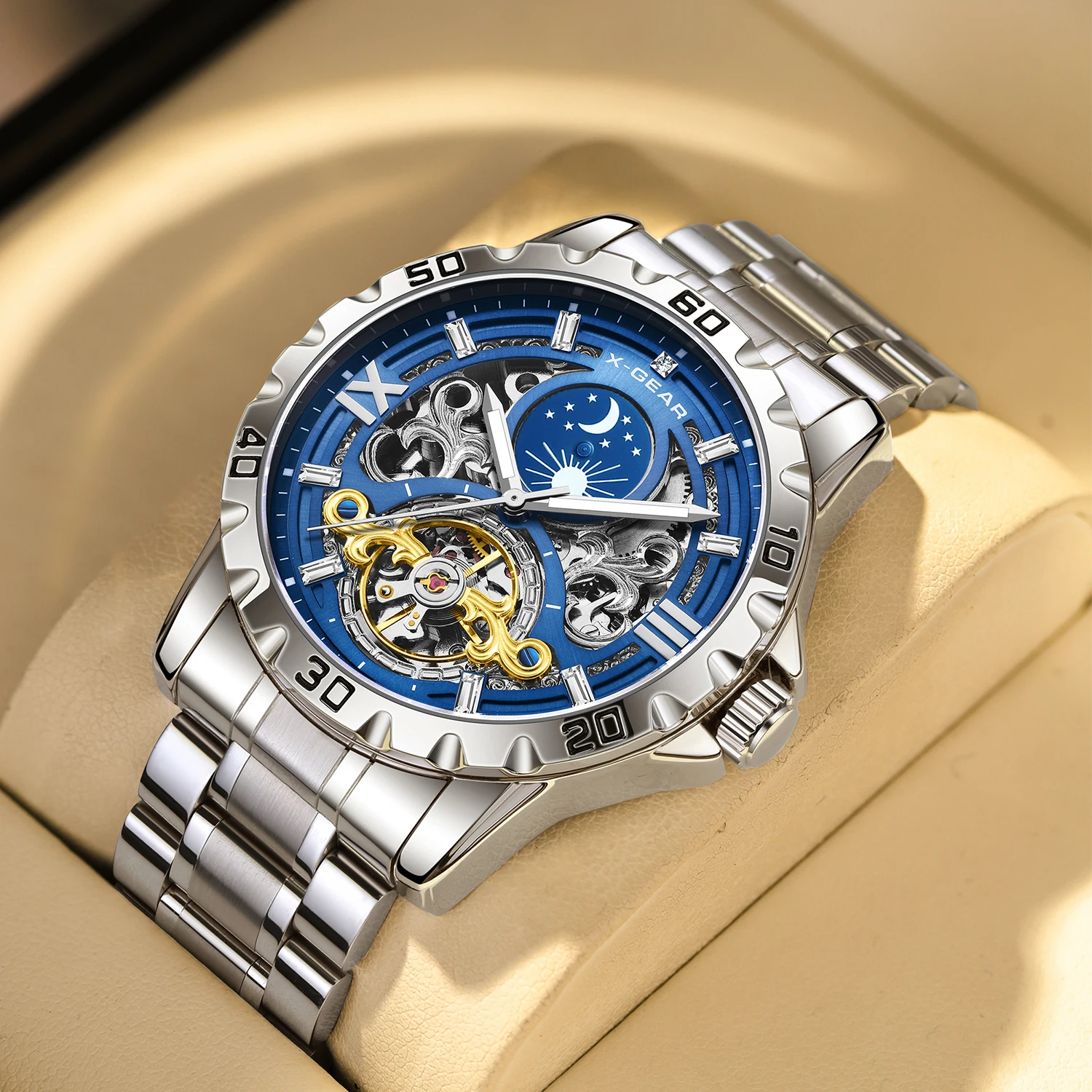 X-GEAR Men's Skeleton Starry Moon Phase Tourbillon Automatic Mechanical Watch — Water-Resistant Luminous Steel Edition