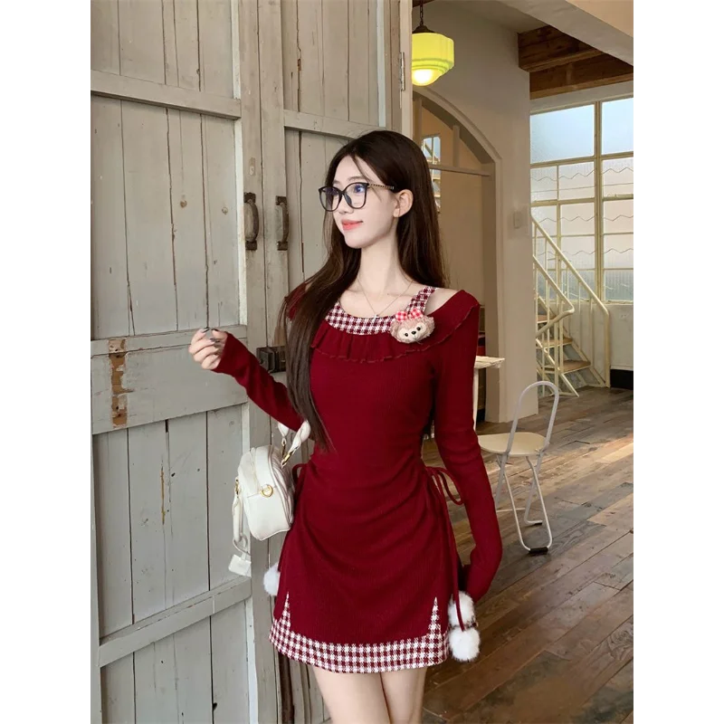 Pulôver feminino de manga comprida cor contraste terno de Natal xadrez vermelho emenda vestidos de quadril