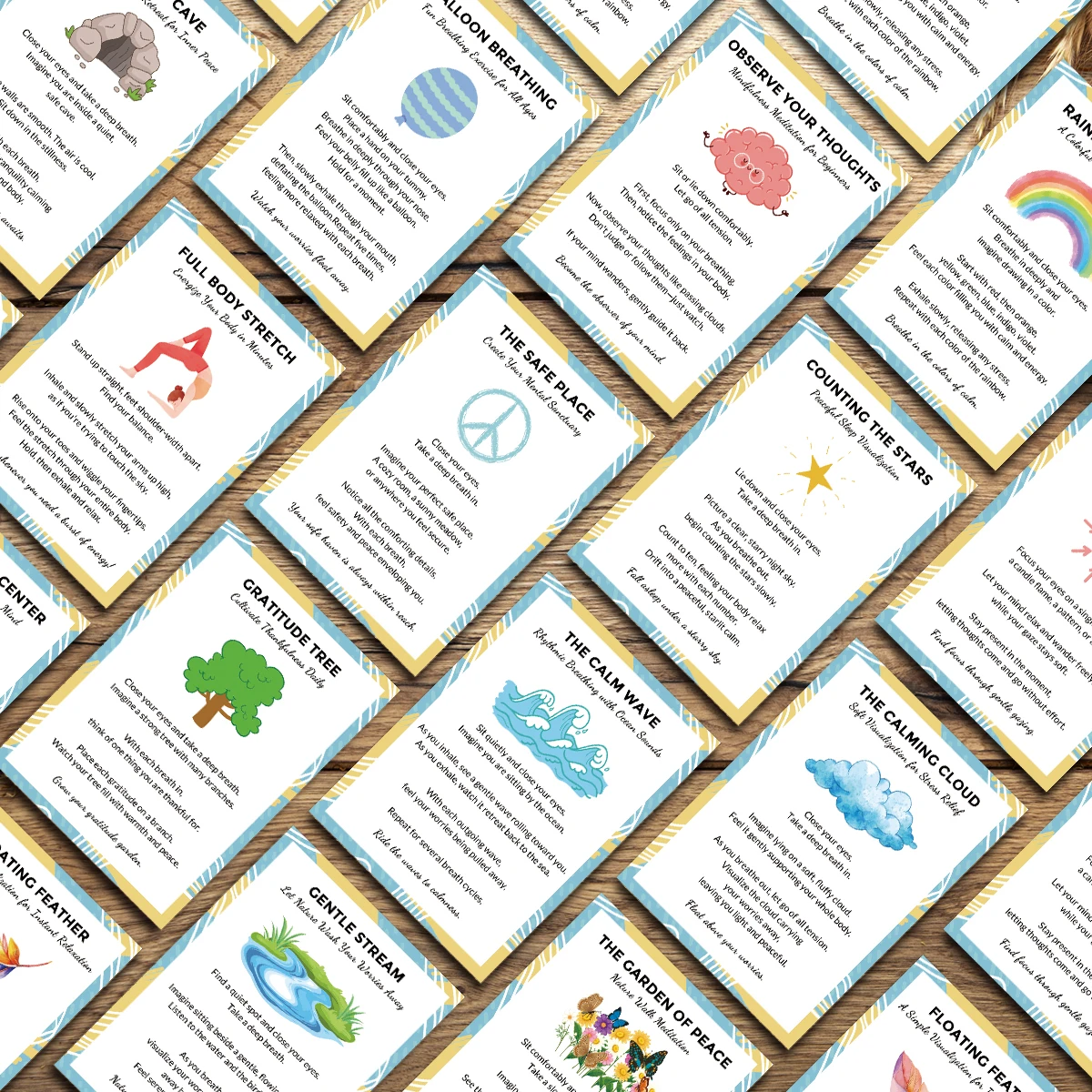 20 Stück Achtsamkeit-Flash-Karten – farbige Visualisierungs- und Erdungsübungen illustriert, tragbare Geschenkkarten zur Angstlinderung – Detail 6