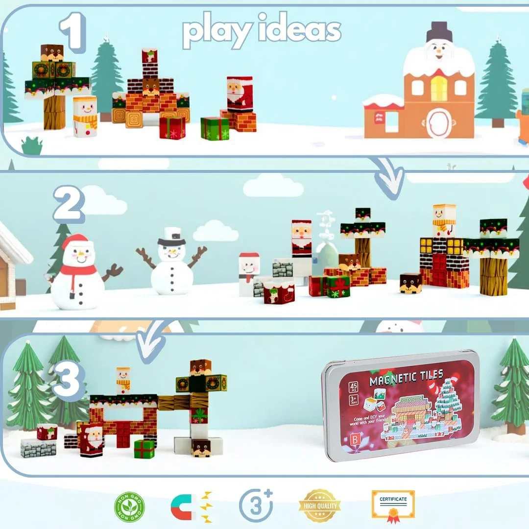 مجموعة مغناطيسية مكونة من 45 قطعة ألعاب بناء تعليمية للسفر في عيد الميلاد للأطفال محمولة مع صندوق تخزين معدني