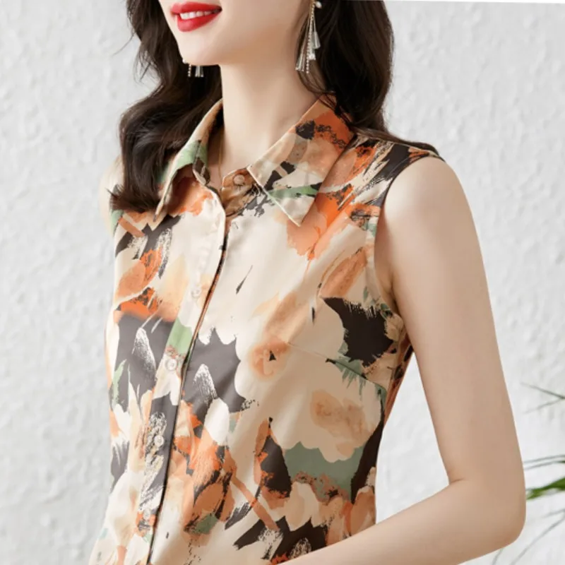 2024 New Women\'s Summer Printed Polo Collar Fashion Elegant Silk Tank Top Shirt Sleeveless Single Row Multi Button Loose Top