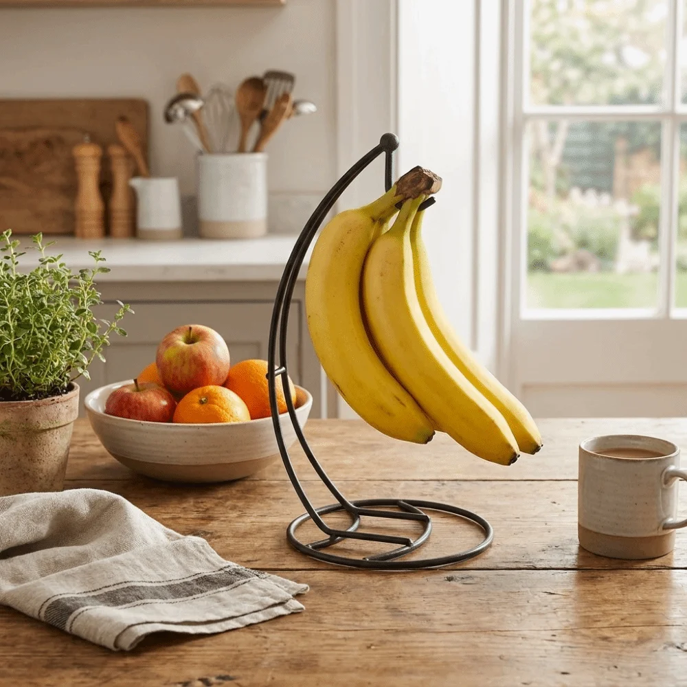 Decorative Rack Rust Proof Metal Banana Rack with Base Portable Banana Holder Stable Stand Fruit Hanger Rack Countertop Use view 4