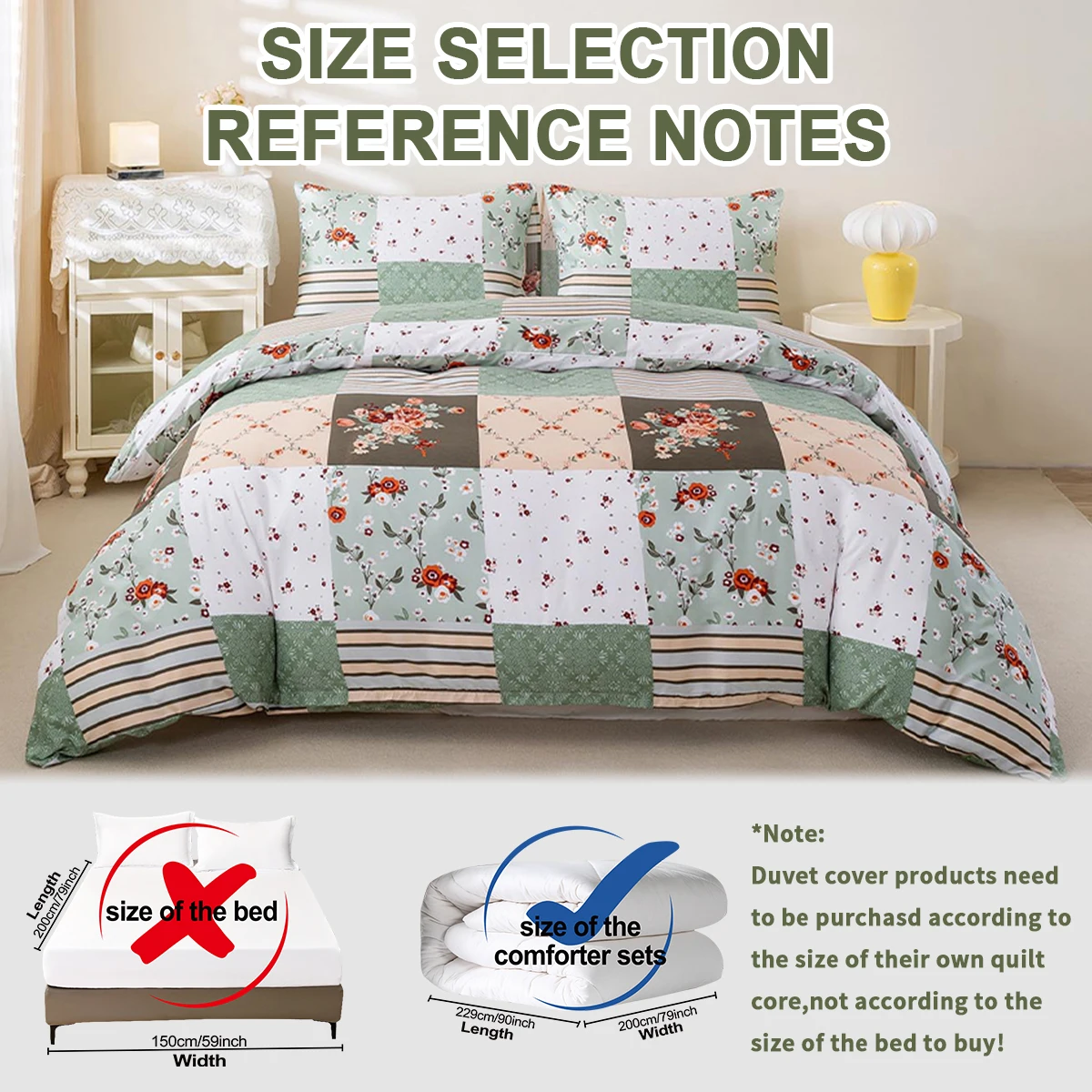 Green Patchwork Printed Duvet Cover Set, Breathable and Soft, Suitable for All Seasons, Includes 1 Duvet Cover and 1-2 Pillowcases