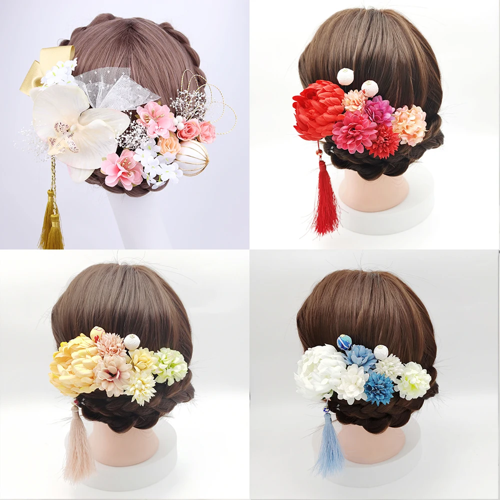 Japanese Handmade Fabric Flower Hair Accessories Clip Tassel Kimono Hairpin Headdress Geisha Barrette Wedding Festvial Hairpins