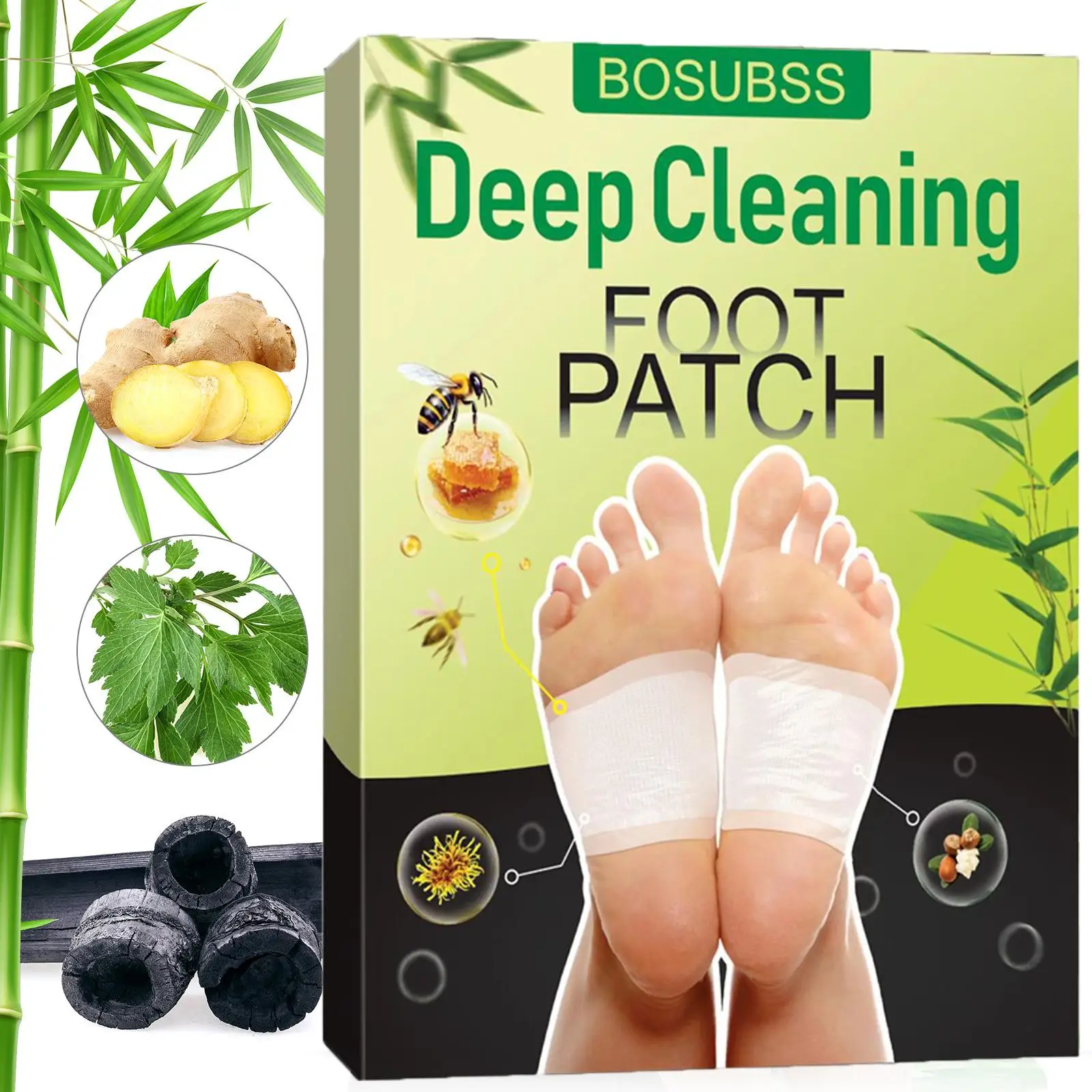 Cura del massaggio per la pulizia profonda dei piedi Toppe per i piedi al carbone di bambù 10 cerotti/scatola, adatte per prodotti per la cura della pelle degli uomini e delle donne