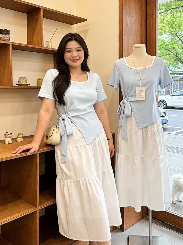 

plus Size Summer Blue Embroidered T-Shirt White Skirt Set Irregular Tie-Band Square Collar Fashionable Korean Style Wome...