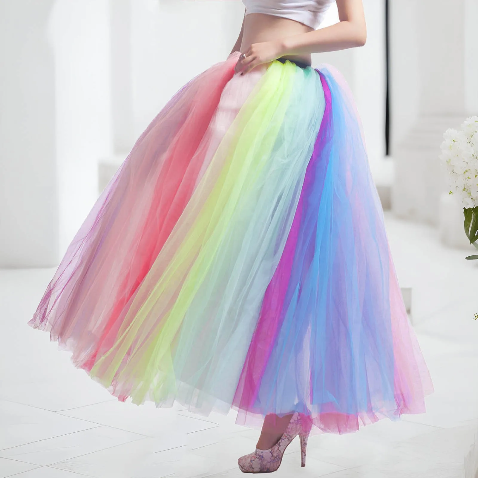 

Multicolor Tulle Long Skirt Rainbow Color Stretchy High Waist Pleated Tutu Skirt Ball Gown Midi Skirts Faldas Party Puffy Skirt