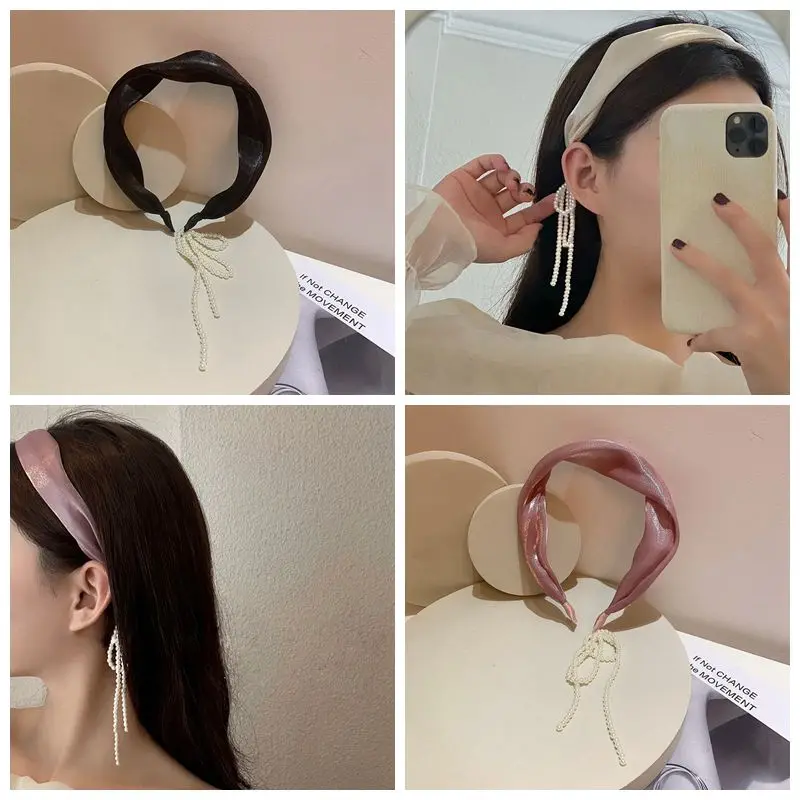 

Fashion Satin Tassel Bezel Hair Bands New Hair Accessories Elegant Pearl Tassel Solid Women's Hairband Sweet Candy Hair Hoop