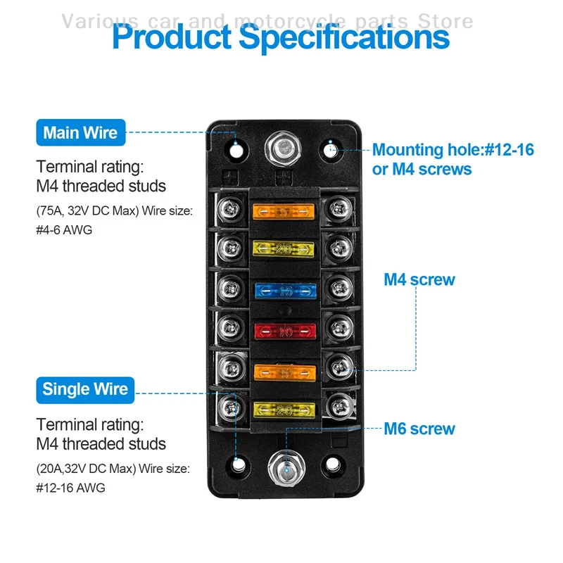 6-way Automotive Fuse Holder With Negative Busbar 12V Blade Type Fuse Holder ATC/ATO Standard Fuse Box Label Sticker Waterproof