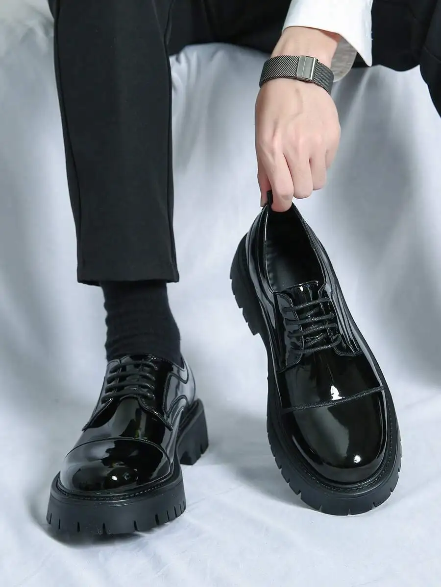 

Luxury Glossy Thick Sole Patent Leather Shoes, triple buckle oxford derby loafers for groom office banquet daily wear.