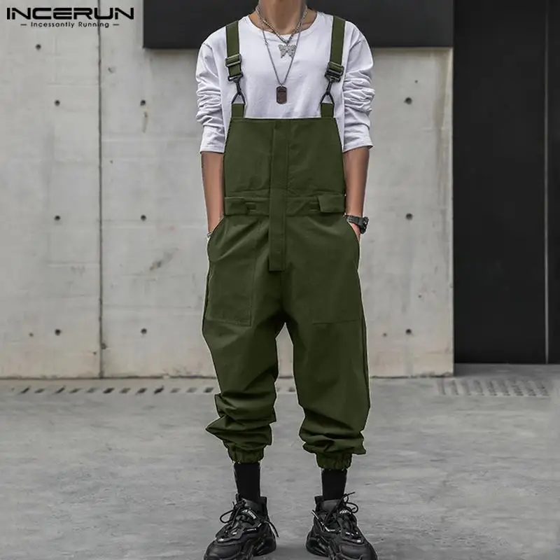 

INCERUN Men Jumpsuits Solid Color Sleeveless Straps Rompers Loose Streetwear 2024 Fashion Casual Male Suspender Cargo Overalls