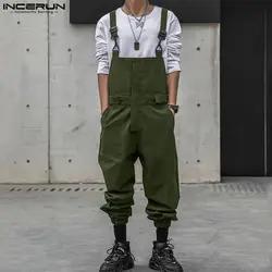 INCERUN Men Jumpsuits Solid Color Sleeveless Straps Rompers Loose Streetwear 2024 Fashion Casual Male Suspender Cargo Overalls