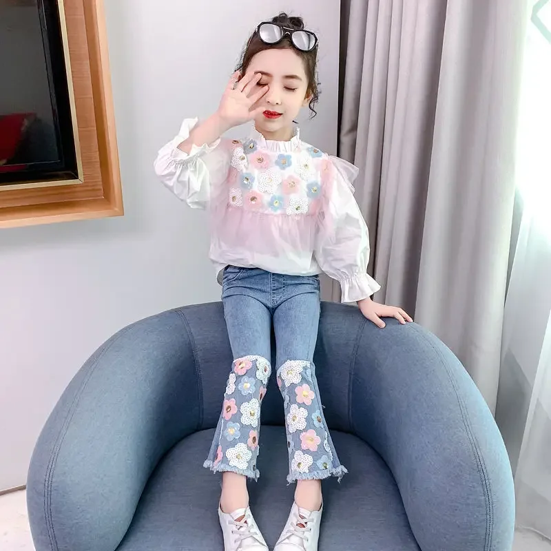 Set di abbigliamento per bambini camicia a maniche lunghe girasole + Jeans 2 pezzi Set di vestiti per ragazze Set da 4 a 13 anni abbigliamento