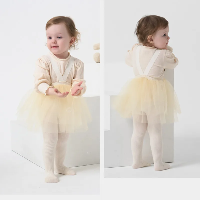 Soft Combed Cotton Baby Girls Tights Solid Color Stretchy Knitted Pantyhose with Tutu Skirt For 1-2 Years Old Toddlers Girls