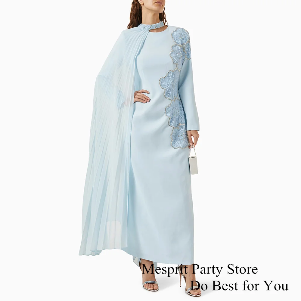 Pale Blue Prom Dress with Chiffon Cape Round Neck Long Sleeve Beading Stones Ankle Length Saudi Evening Gown for Weddings