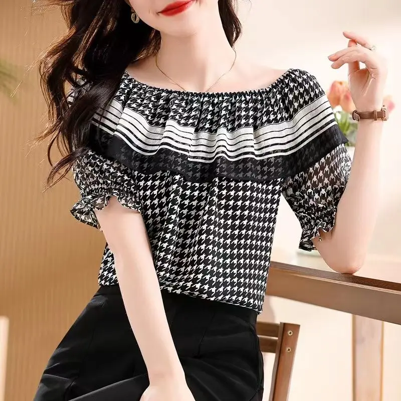 Fashion Slash Neck Ruffles Houndstooth Butterfly Sleeve Blouses Women Clothing 2024 Summer New Loose Casual Tops Commuter Shirts