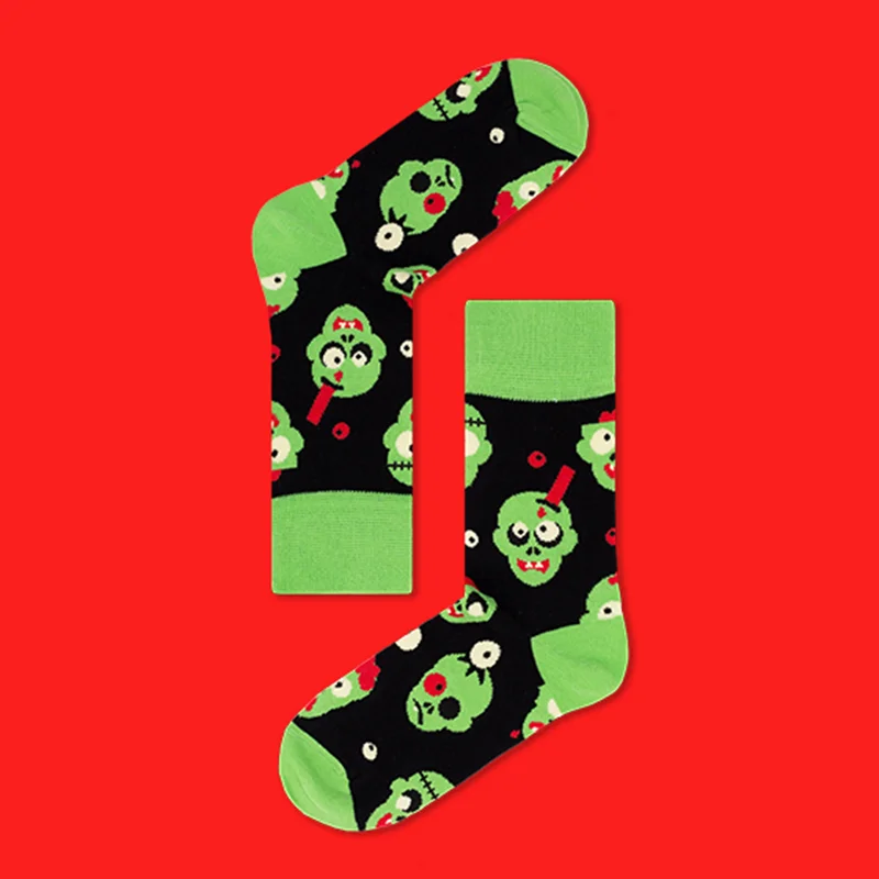 2024 New Halloween Cartoon Green Zombie Unisex Crew Socks Women Men Novelty Cotton Creative Socks Couple Halloween Gifts Bulk