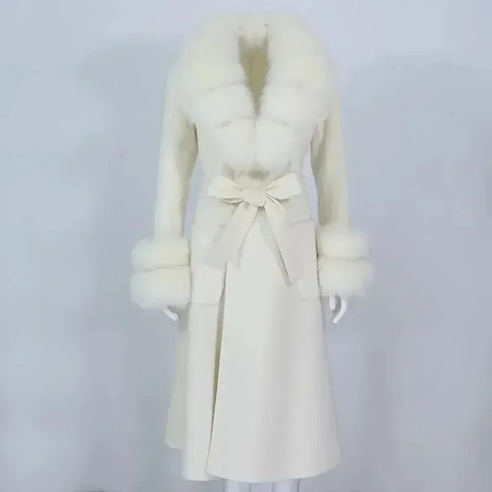 2025 Autumn Winter Women's New Long Fur Coat Removable Oversized Fox Fur Collar Cashmere Wool Coat Wool