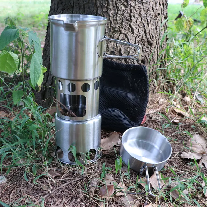 재고 있음 뜨거운 판매 야외 스테인레스 스틸 휴대용 장작 스토브 세트 냄비 세트 캠핑 접는 방풍 장작 스토브