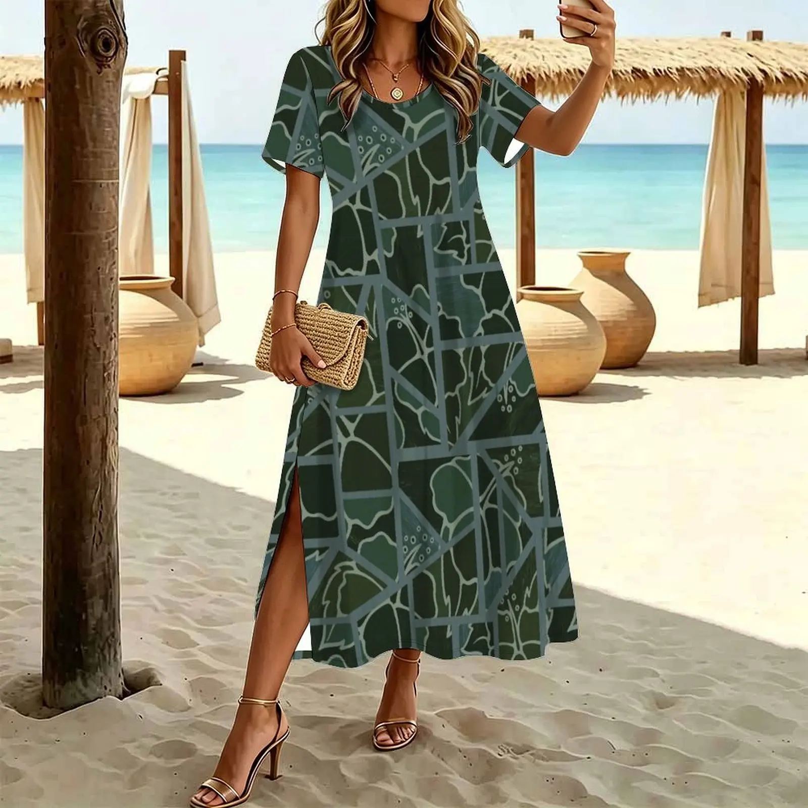 Forest Green Hibiscus Mosaic Women's Round Neck Short Sleeve Split Long Dress