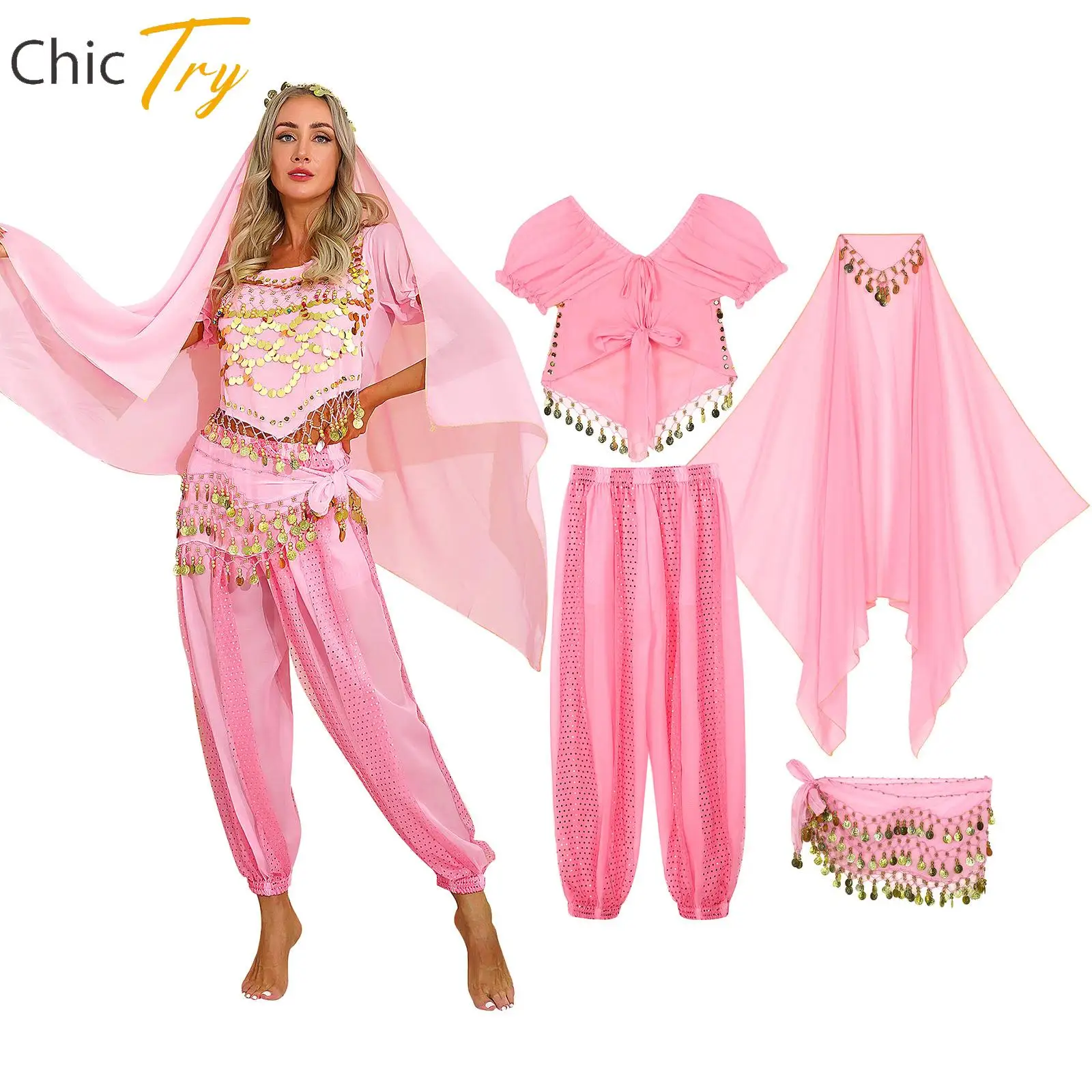 

Belly Dance Outfit For Womens 4Pcs Sequins Crop Top+Harem Pants Hip Scarf Headscarf Bollywood Indian Egyptian Carnival Costume