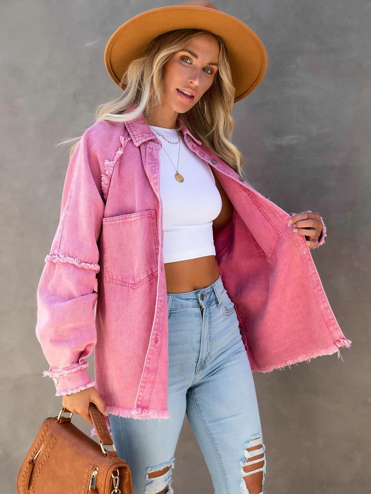 Fashion Loose Turn-down Collar Denim Jacket Coat 2023 Women Casual Denim Jacket Long Sleeve Tassel Solid washed Tops A1889