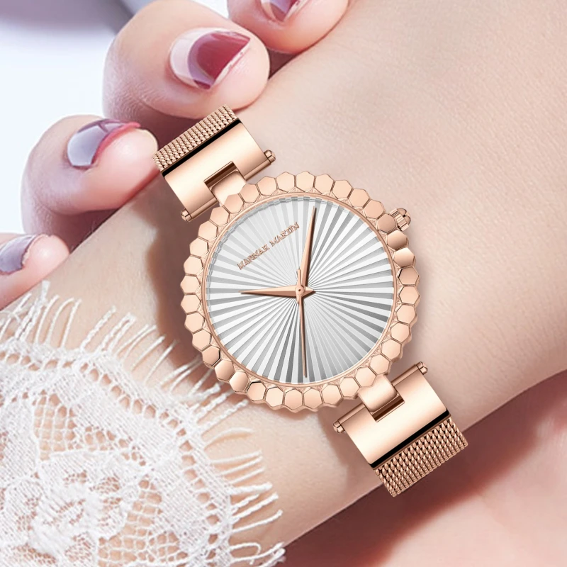 HANNAH MARTIN 1571 nouvelle mode lumière luxe cadran solaire étanche montre-bracelet à Quartz en acier inoxydable maille bracelet dames montre