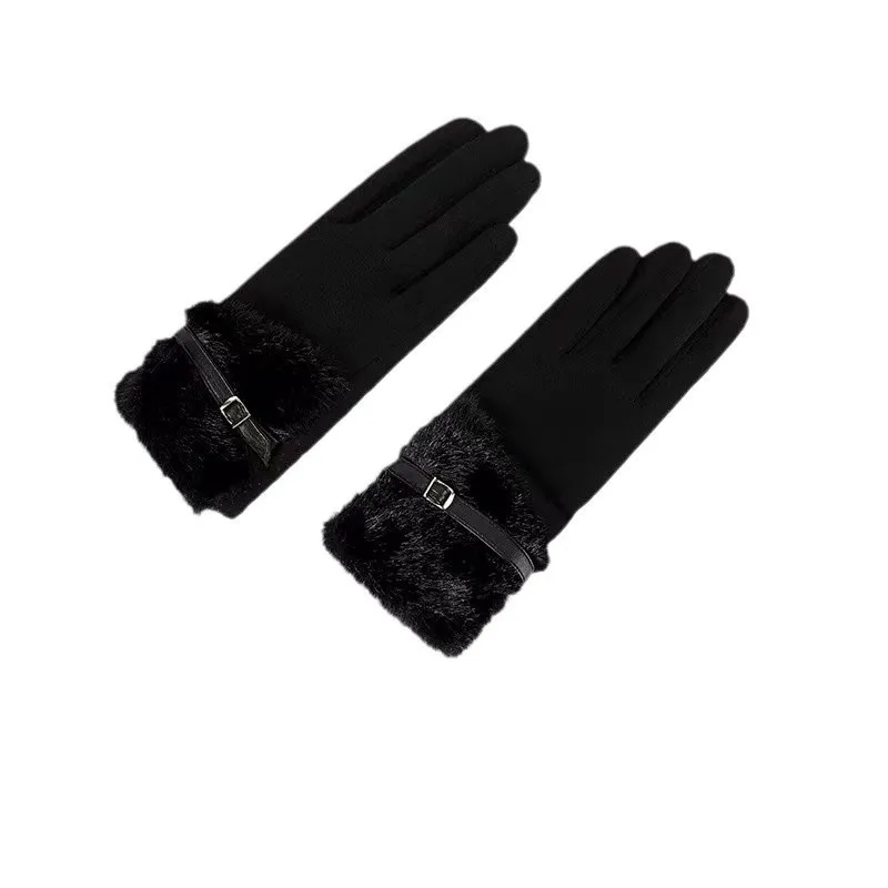 Soft and Sticky Suede Gloves for Women in Winter, Warm and Thick Imitation Mink Fur Splicing Belt Buckle, Touch Screen Gloves