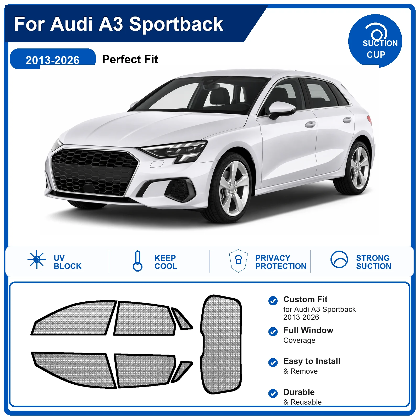 For Audi A3 Sportback 2013-2026 Custom Full Set Windshield Sun Shade Aluminum Foil Heat Insulation Anti UV Foldable