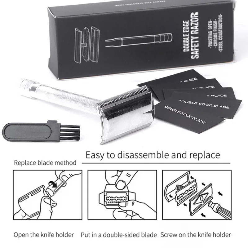 브러시가있는 안전 면도기 클래식 남성 가벼운 제모 면도기 더블 에지 스테인레스 스틸 면도기 블레이드 면도기 면도기