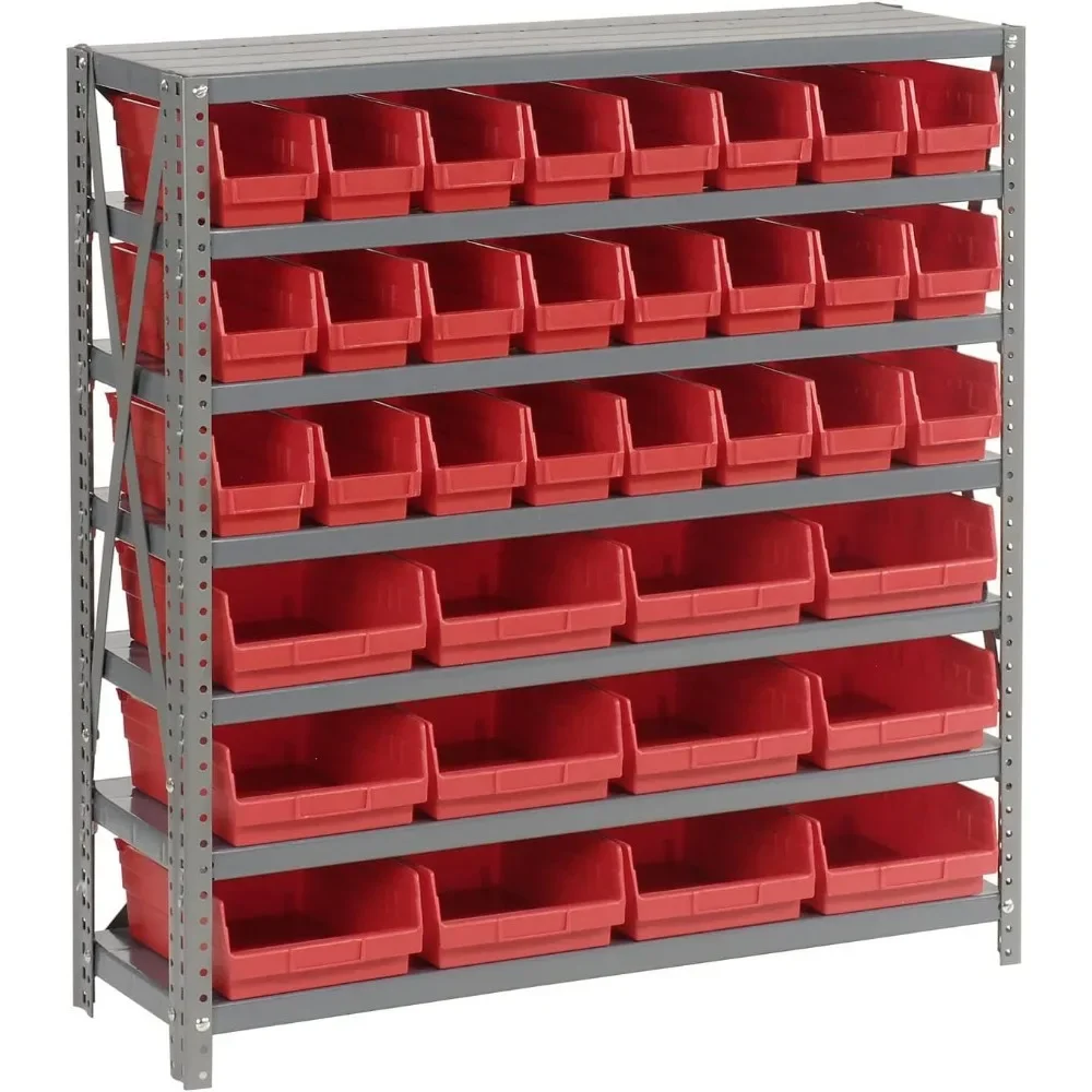 

7 Shelf Steel Shelving with 4" H Plastic Shelfs Bins, Red, 36x12x39, Shelf