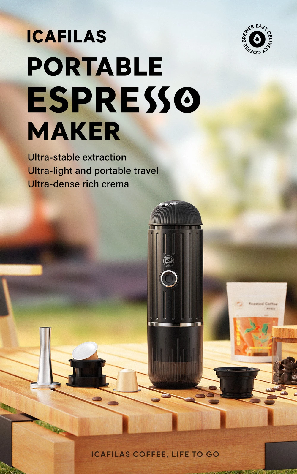

Portable coffee maker, electric espresso machine compatible with capsules and ground coffee, travel coffee maker for hiking
