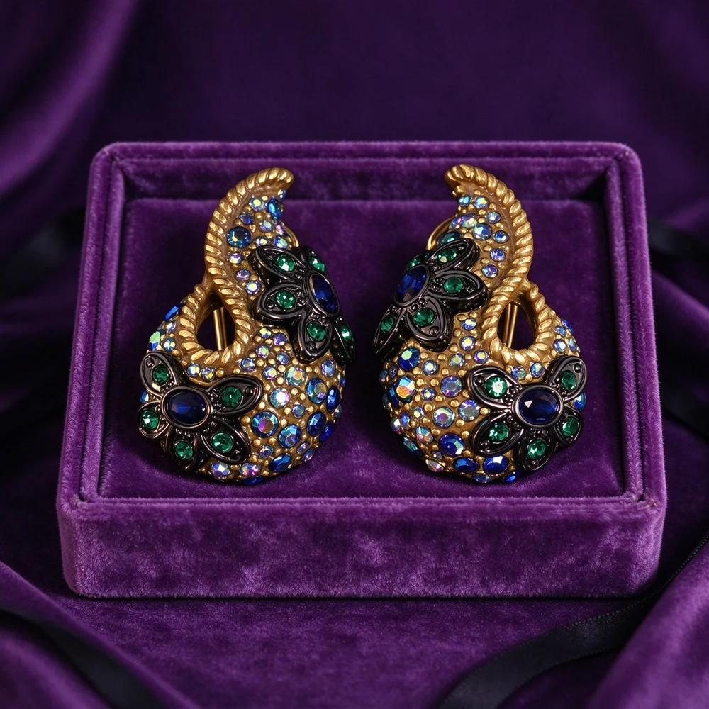 Vintage fashion Full rhinestone Flowers conch shape earrings for women's Party jewlry accessories