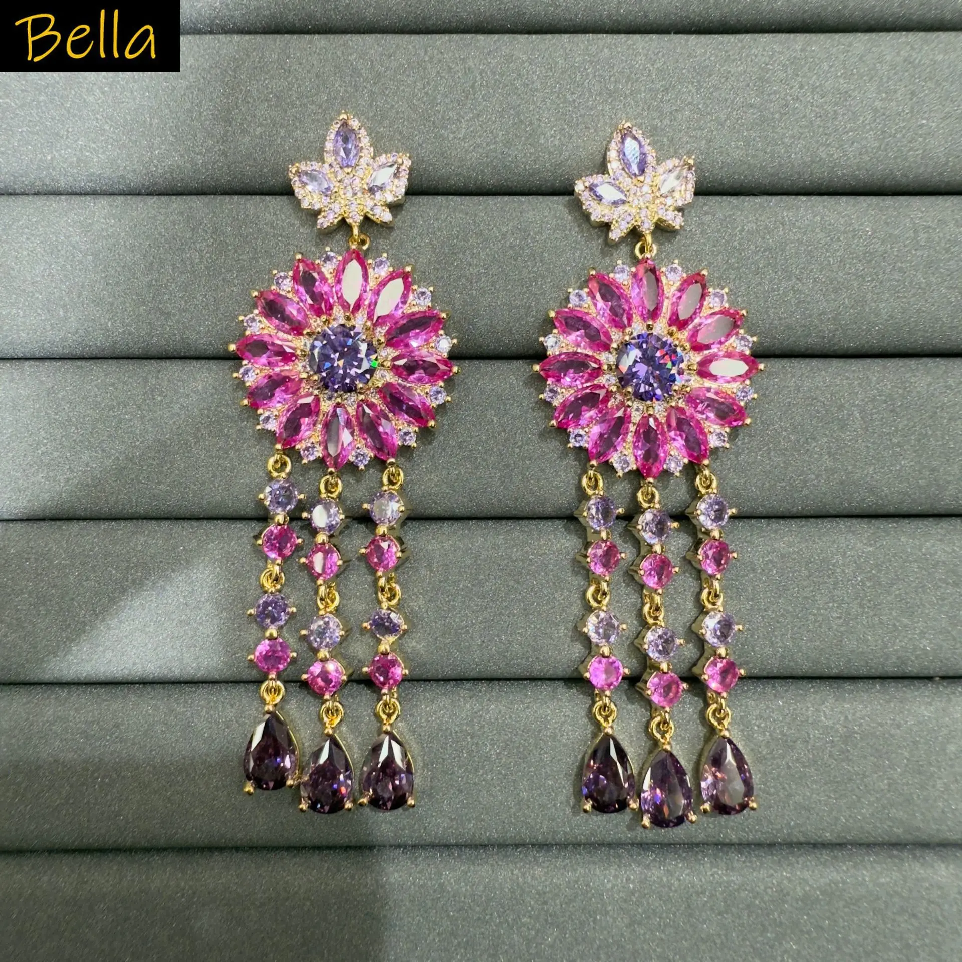 

Gorgeous cubic zirconia earrings for women gala event wedding party long earrings flower teardrop chain pink yellow blue fushia