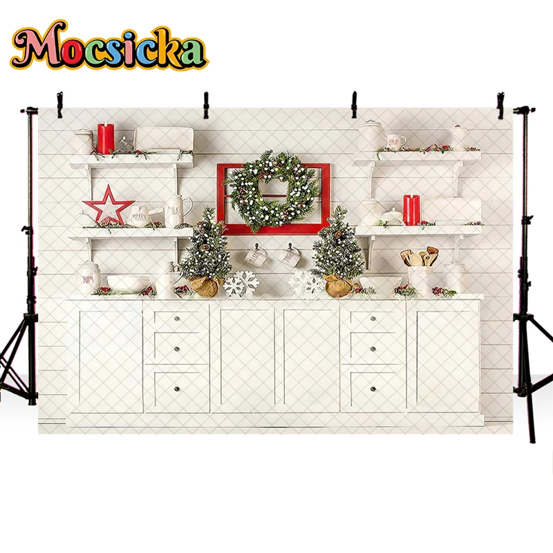 Mocsicka Holiday party Xmas Kitchen Backdrops Kids Photography Child Baby Photocall Props Adult Family Christmas Background