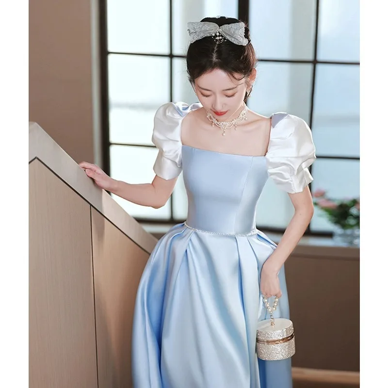 

Princess Satin dress Evening Dresses Blue Satin puff sleeve gala Party Ball Gown L0732