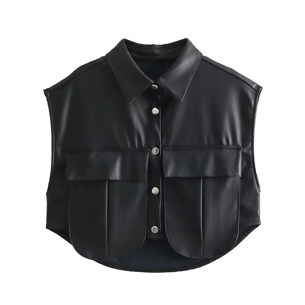 

Double Pocket Decorative Leather Top Vest European And American Fashion Popular Style Women's Fashion Vest