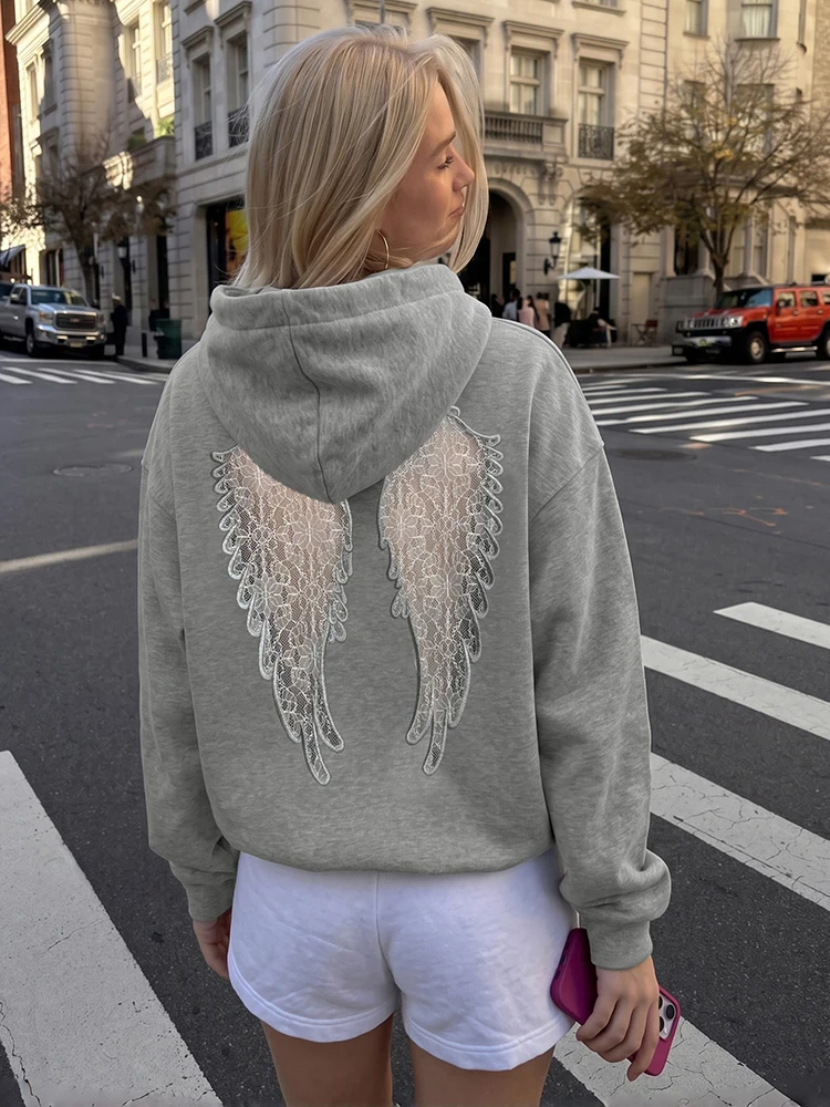 Nibber Langarm-Oberteil mit Flügelmotiv, Spitze, Rückenfreiem Design und Kapuze für Damen, Herbst-Trend, Eng Anliegend, Dehnbar, Modischer High-Street-Stil – Detail 31