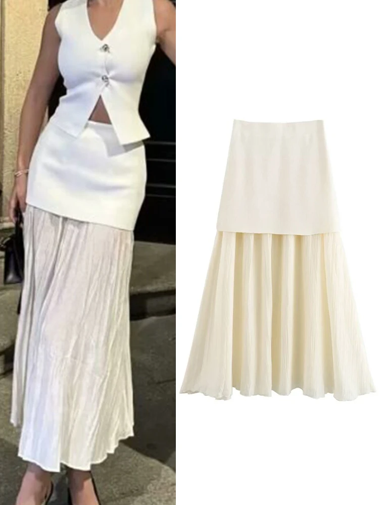 

Women Summer Pleated Skirts 2024 Fashion Solid Splicing High Waist Mid-Calf Female Elegant Street MIDI Skirt Clothing