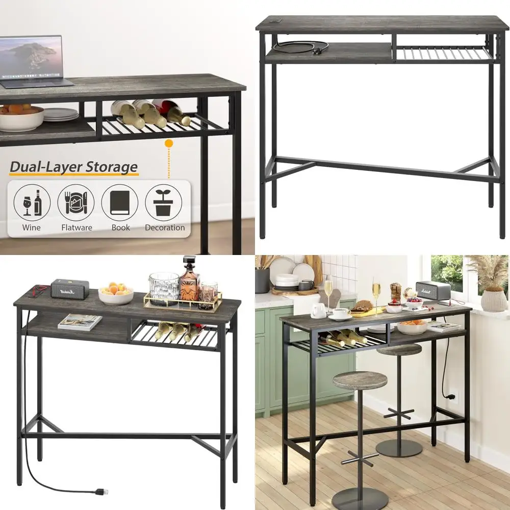 

Compact Power Outlet Bar Table with Storage & Wine Rack for Kitchens and Living Rooms