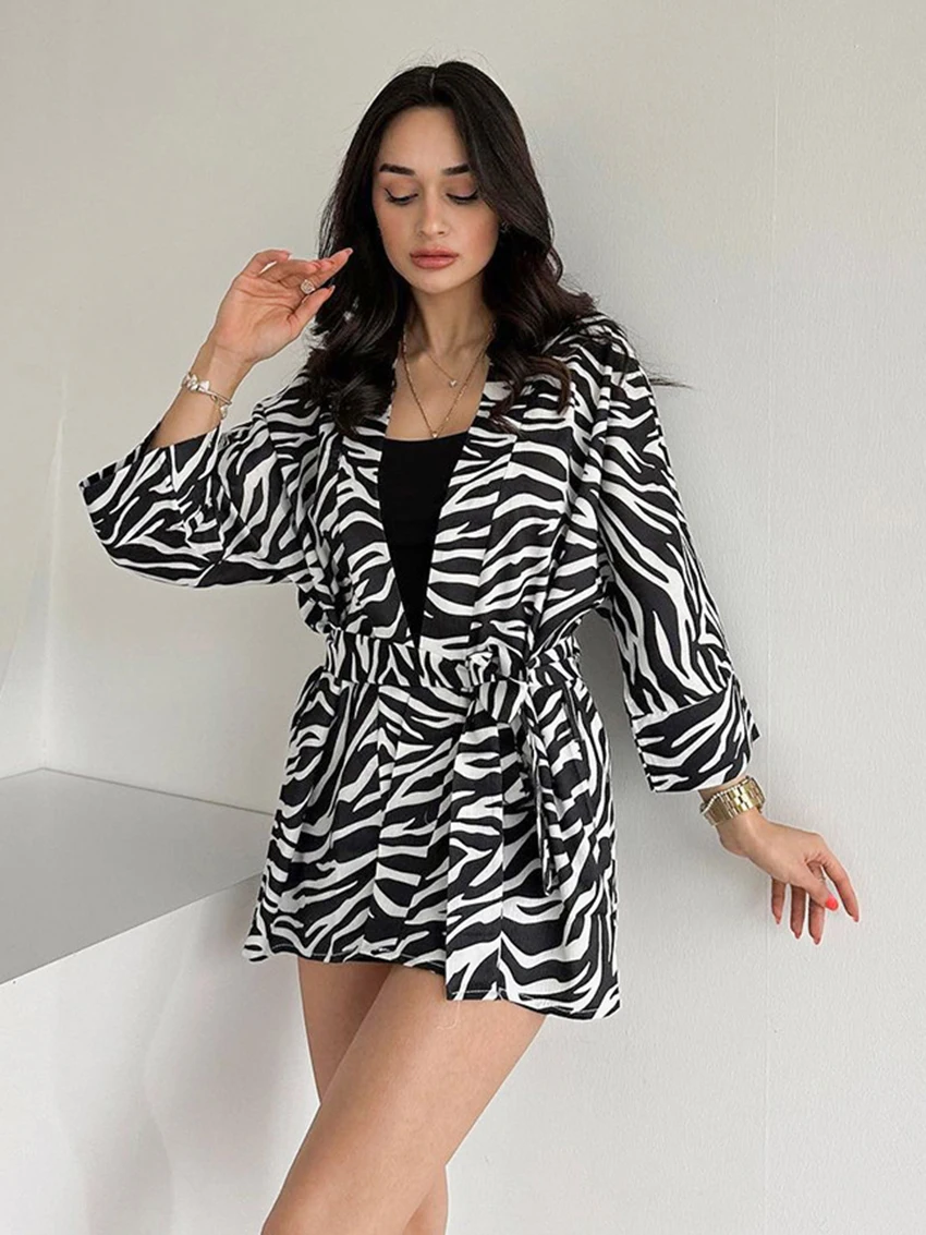 

Marthaqiqi Printing Ladies Sleepwear Sexy V-Neck Robe Long Sleeve Nightgowns Lace Up Bathrobe Casual Mini Dress Female Nightwear