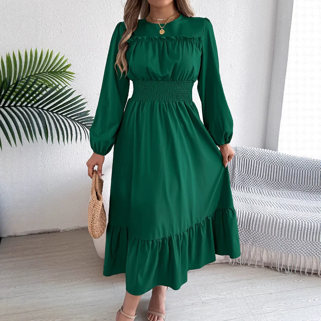 New Autumn Winter Dress Women's Casual Elegant Solid Color O-Neck Long Sleeve Waist Cinched Lotus Leaf Edge Dress Women Clothing